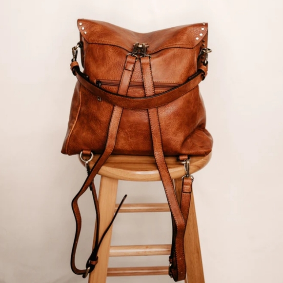 New! Camel Studded Vegan Leather Convertible Backpack Bag - Picture 4 of 6